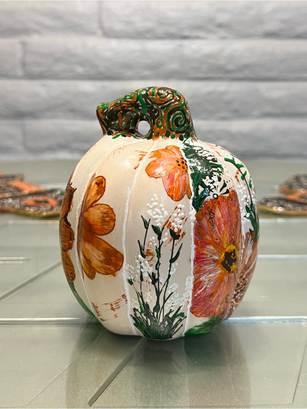 Hand-Painted Floral Ceramic Pumpkin - White & Orange
